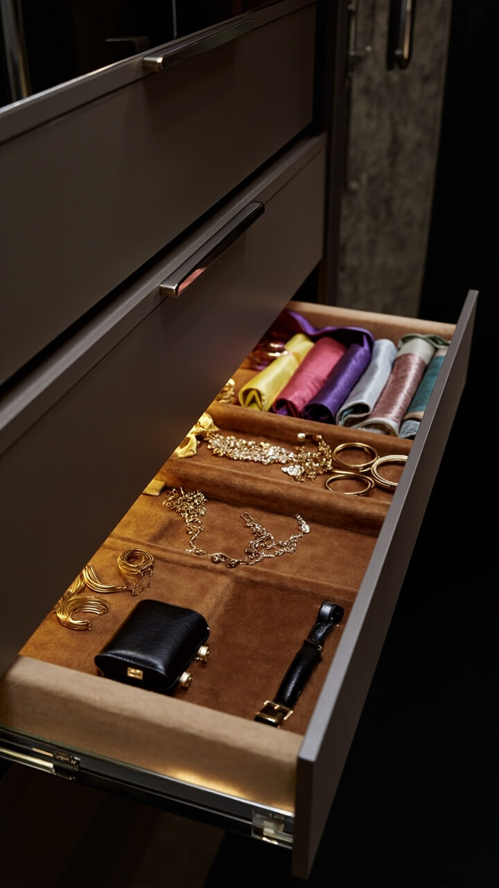 A row of three sleek glass-front drawers inside a taupe wardrobe. Each drawer is lined with caramel velvet, with one holding neatly rolled silk scarves, the second for gold jewelry, and the bottom showing two leather watch cases.