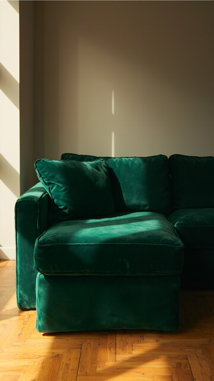 A deep green velvet low sectional sits solo on honey-toned hardwood, with no other textiles beneath. The sofa’s blocky silhouette becomes the focal point under soft daylight.