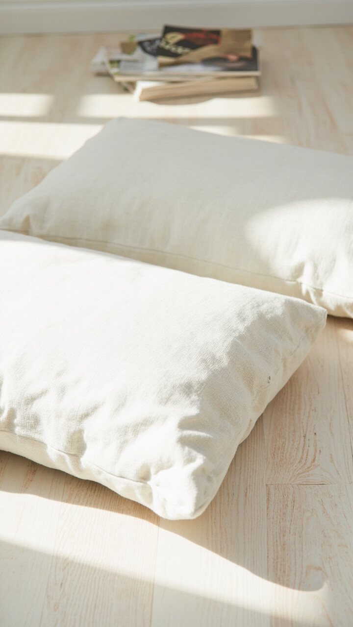 Two thick, rectangular off-white floor cushions with visible linen texture lie side by side on a light birch plank floor. In the corner, a small stack of neutral magazines.