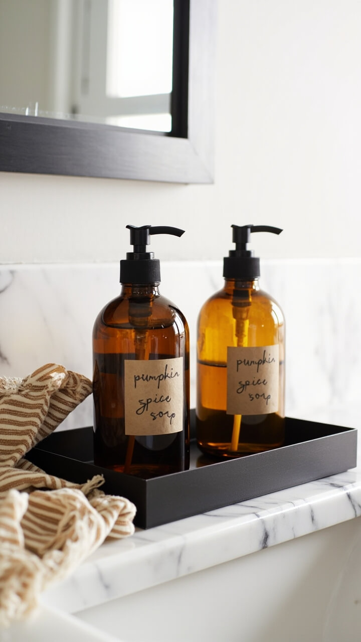 Two amber glass pump dispensers rest on a matte black metal tray atop a white marble sink counter. One bottle has a simple kraft paper label that reads “pumpkin spice soap.” Next to the dispensers, a folded tan striped hand towel drapes over the edge of the tray. There’s a hint of a black-framed mirror in the background.