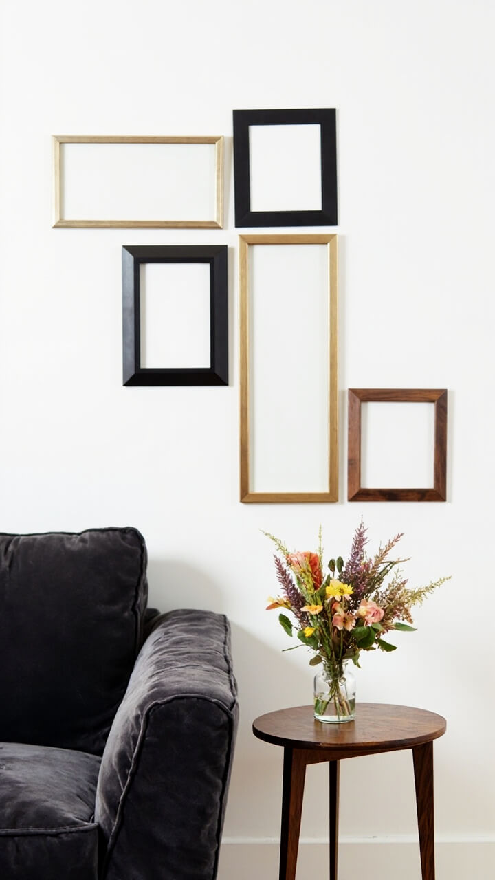 A plush charcoal sofa sits beneath a slim walnut sofa table. Five frames in varying finishes (brushed gold, matte black, and walnut) are layered side-by-side, leaning against the white wall. Next to the frames, a simple glass bud vase holds a couple of foraged wildflowers.