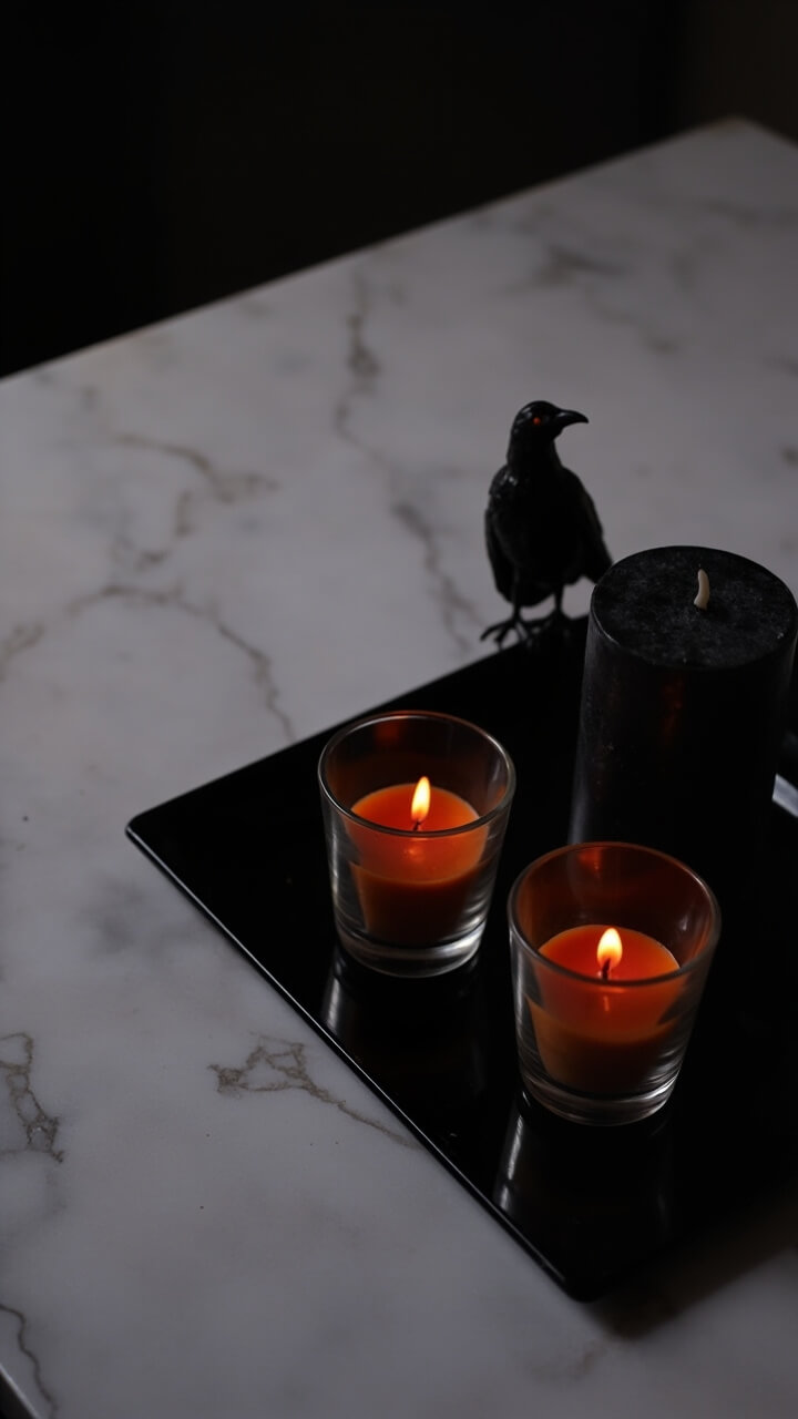 A glossy black rectangular tray sits on the edge of a marble vanity. Inside are two small orange votive candles in glass holders, a black pillar candle, and a tiny faux black crow figurine perched at the corner of the tray.