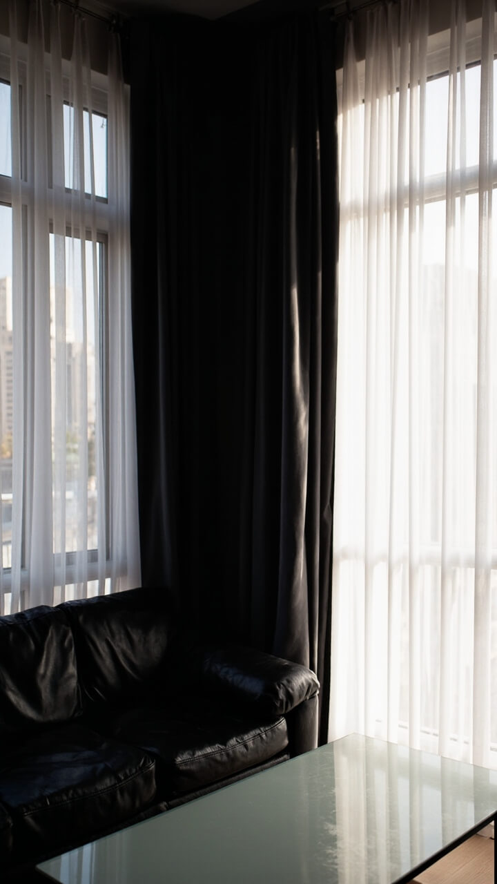 A black leather sofa beneath double curtains: thick matte black-out curtains and billowing sheer white overlays. A low frosted glass coffee table sits in front.