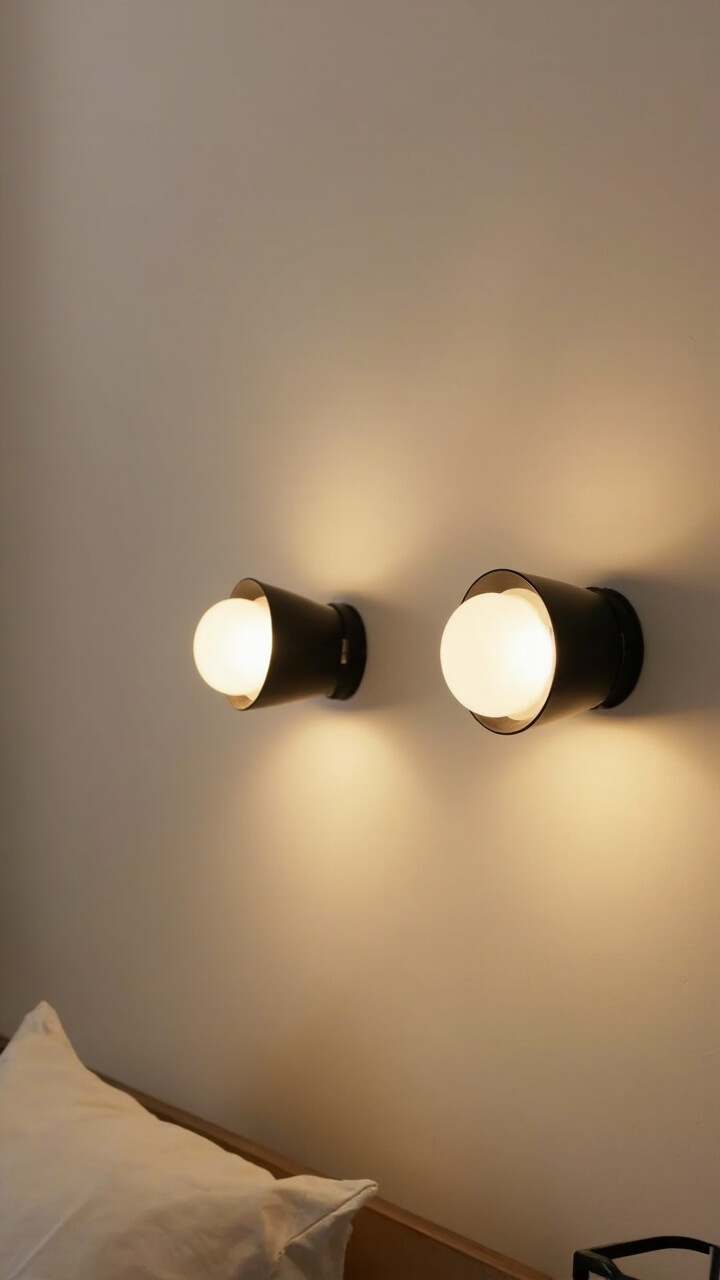 Two slim black metal sconces are mounted on either side of the bed. The lights feature round, frosted glass shades. No additional lighting is on the nightstands.