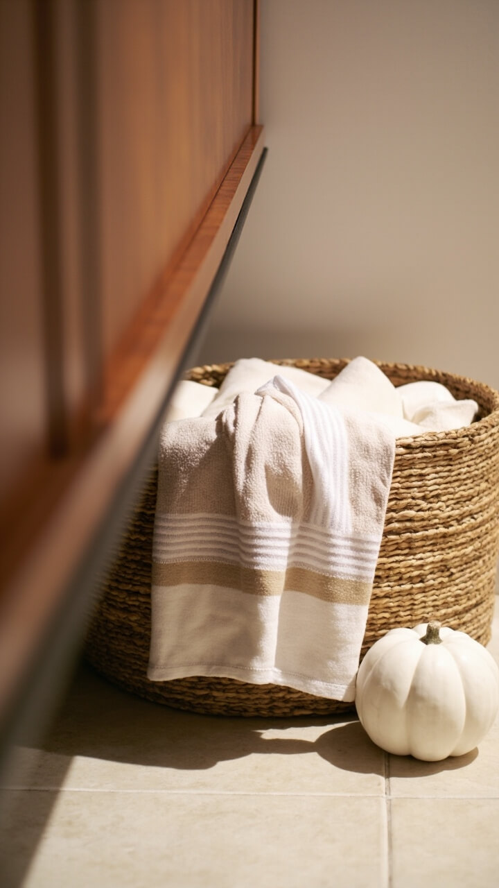 On the floor beside the vanity an oval seagrass basket holds rolled ivory bath towels. A beige and white pinstripe hand towel drapes over the basket edge. A small matte white ceramic pumpkin sits next to the basket.