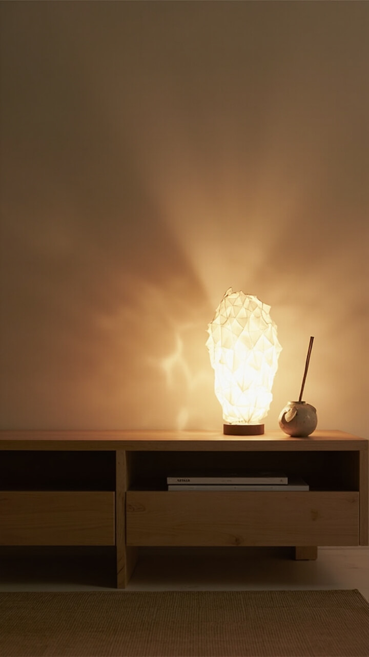 A streamlined natural ash TV unit, just a few inches off the floor, with paper lantern lamp softly glowing next to a low round ceramic incense holder. The floor is neutral tatami-look mat.