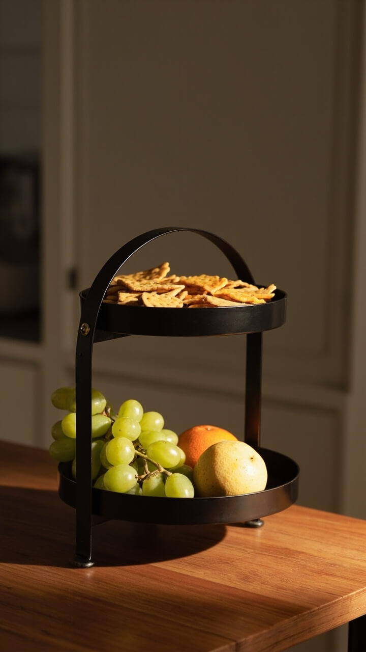 A black metal two-tiered stand holds green grapes and pale honey tangerines on the lower level, and golden cheese crackers on the top. It’s centered on a warm walnut wood island.