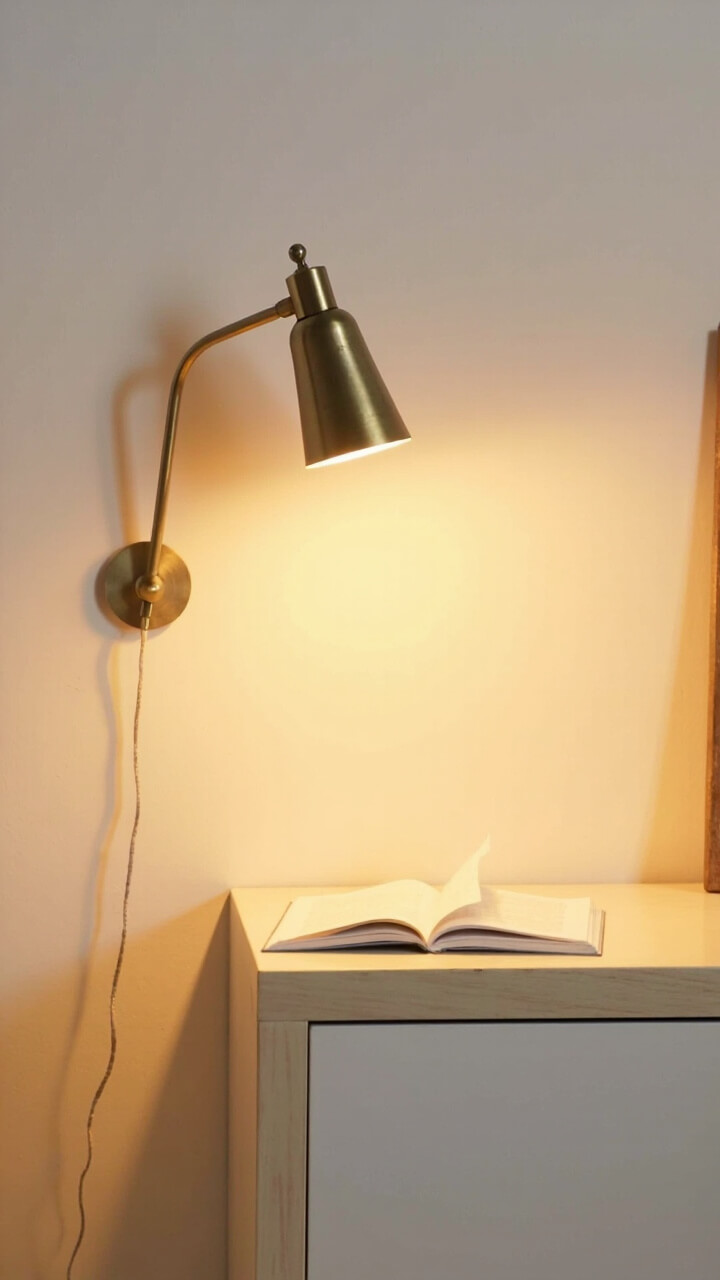 A single brass swing-arm wall sconce is mounted above a low-profile white wood nightstand. Warm light pools onto an open book.