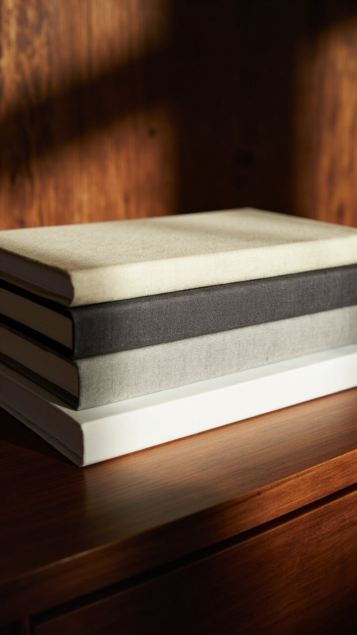 Three hardcover books in beige, soft gray, and white rest in a neat horizontal stack on a walnut nightstand. The top book features no dust jacket, just a linen cover.