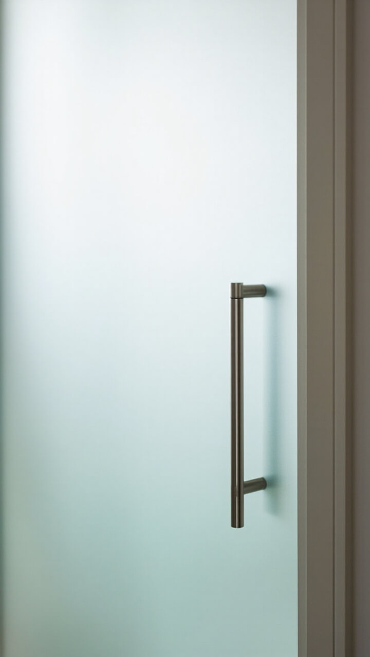 A bathroom doorway closed off by a full-height frameless frosted glass panel with a simple brushed aluminum handle. The frosted glass glows softly, letting in daylight.