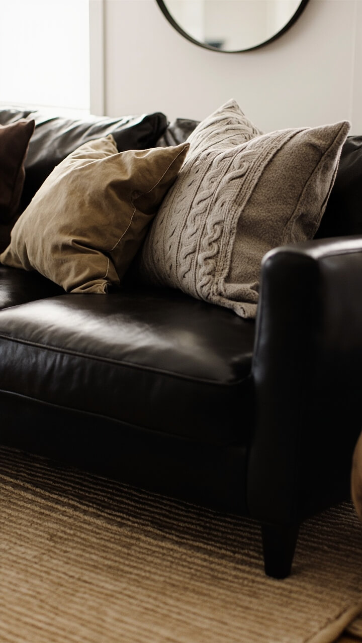 A black sofa with a suite of neutral pillows: one tan linen, one taupe suede, one soft gray cable knit. A light oatmeal jute rug is beneath.