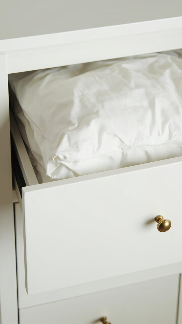 A white built-in with a pair of broad, low drawers. The top drawer is open, showing a neat stack of ivory linen sheets and one fluffy down duvet peeking out. Simple brass cup pulls finish the look.