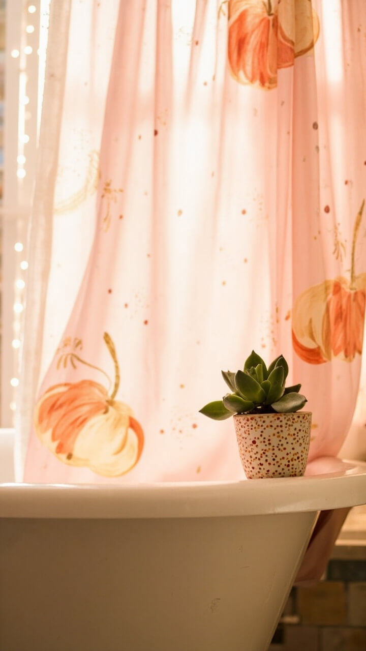 Bathroom with a white tub and a fabric shower curtain featuring hand-painted orange and cream pumpkins on a blush background. A single potted succulent sits on the back ledge of the tub for a fresh touch.