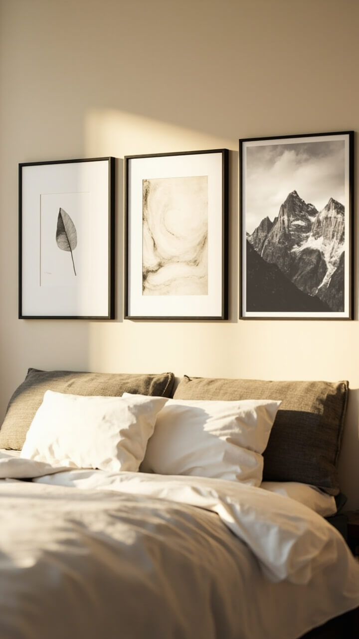 Three slim, white-matted black frames hang above a bed. Each contains a different piece: a charcoal leaf drawing, an abstract beige composition, and a black-and-white mountain photograph.