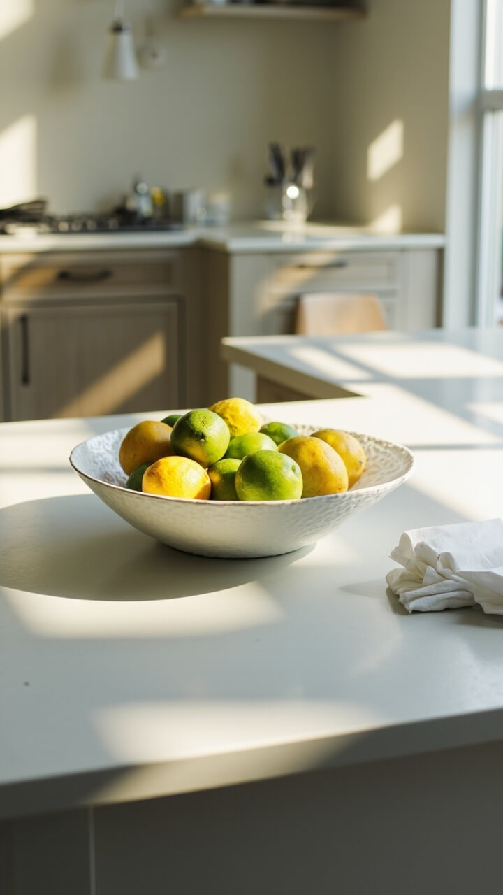 A wide, deep matte white ceramic bowl brimming with lemons, limes, and green apples sits centered on a mid-sized kitchen island made of pale oak. The counter surface is smooth and light gray. Next to the bowl is a small stack of linen napkins.