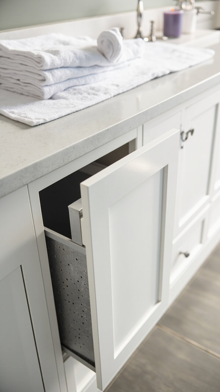 A slim, white shaker-style cabinet sits beneath a pale gray quartz counter. The front panel is actually a tilt-out hamper with perforated metal bin inside, peeking out just slightly. On the counter sits a stack of folded white towels and a lavender candle.