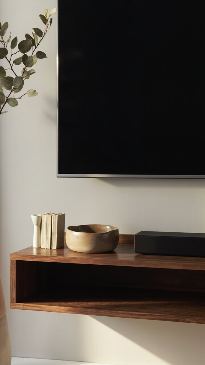 A wall-mounted walnut wood unit beneath a flat screen, with slim horizontal lines, one long open shelf holding a soft-edged decorative bowl, and a small stack of neutral-toned books. There’s a matte black soundbar below the TV and a pale stoneware vase with dried eucalyptus to one side. The backdrop is a pale grey wall.