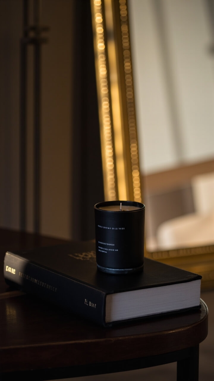 A long, rectangular mirror tray sits horizontally atop a mid-century walnut coffee table. Two hardcover art books are stacked, with a matte black scented candle on top. A slim brass floor mirror is angled on the wall adjacent to the coffee table.