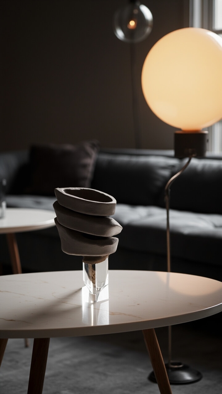 A black midcentury sofa is paired with a white oval marble coffee table. A round, globe-style glass floor lamp stands nearby, and a twisted concrete vase sits atop the table.