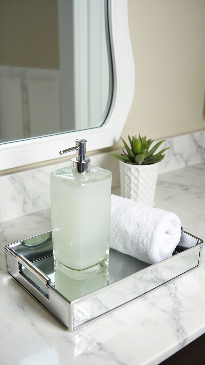 A rectangular mirrored tray with chrome handles rests on a glossy white marble vanity next to an oversized vertical arched wall mirror. On the tray: a frosted glass soap pump, a rolled fluffy white hand towel, and a tiny succulent in a white pot.