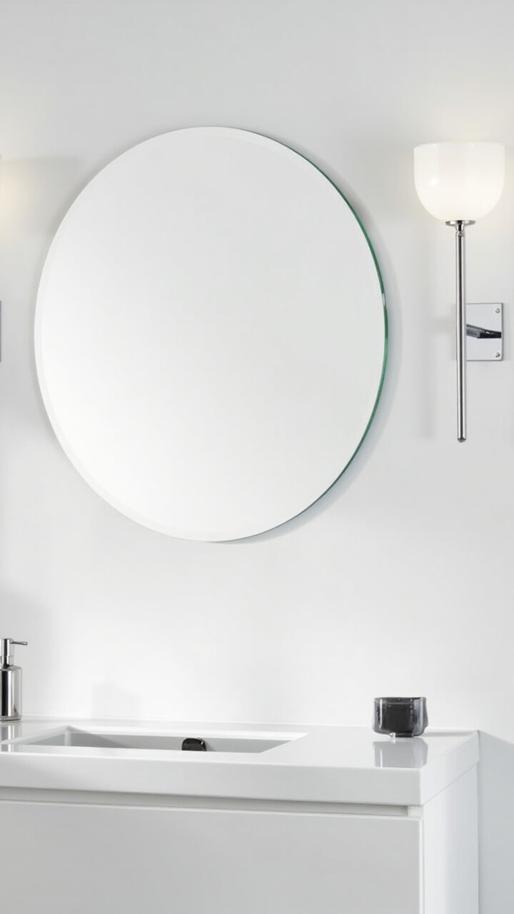 A clean white wall with an oversized frameless round mirror above a slim white countertop. There’s a single chrome sconce on one side, and a sleek soap dispenser sits alone on the counter.