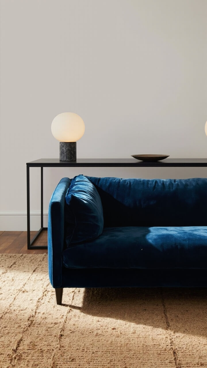 A deep blue velvet sofa sits facing a large jute rug. Behind it, the black metal-framed sofa table stretches neatly, holding two identical small marble base lamps with white globes, each placed at the table’s ends. Between the lamps sits a single low ceramic catchall bowl.