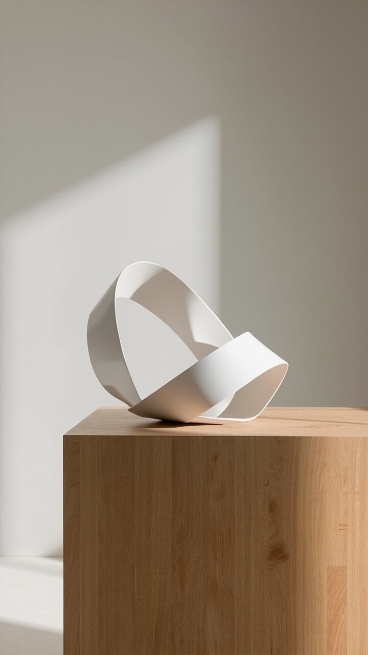 A smooth, matte white sculptural ceramic piece shaped like a twisted ribbon stands solo at the center of a mid-toned maple island with no other objects in sight.