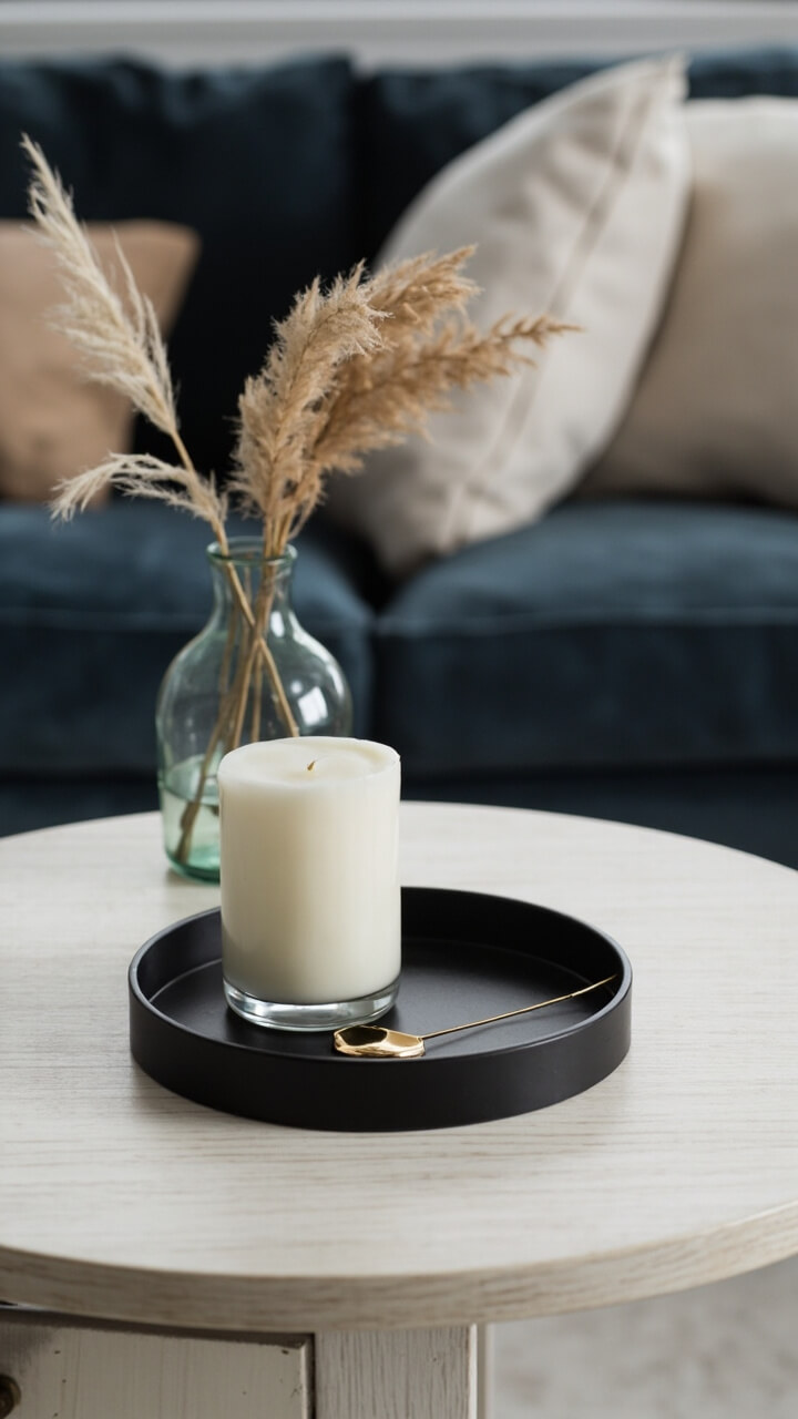 A round matte-black tray sits at the center of a white oak coffee table, topped with a tall ivory sculpted candle and a gold wick trimmer. A slate blue velvet sofa in the background is accented by pale beige pillows, and wispy pampas grass fills a glass vase nearby.