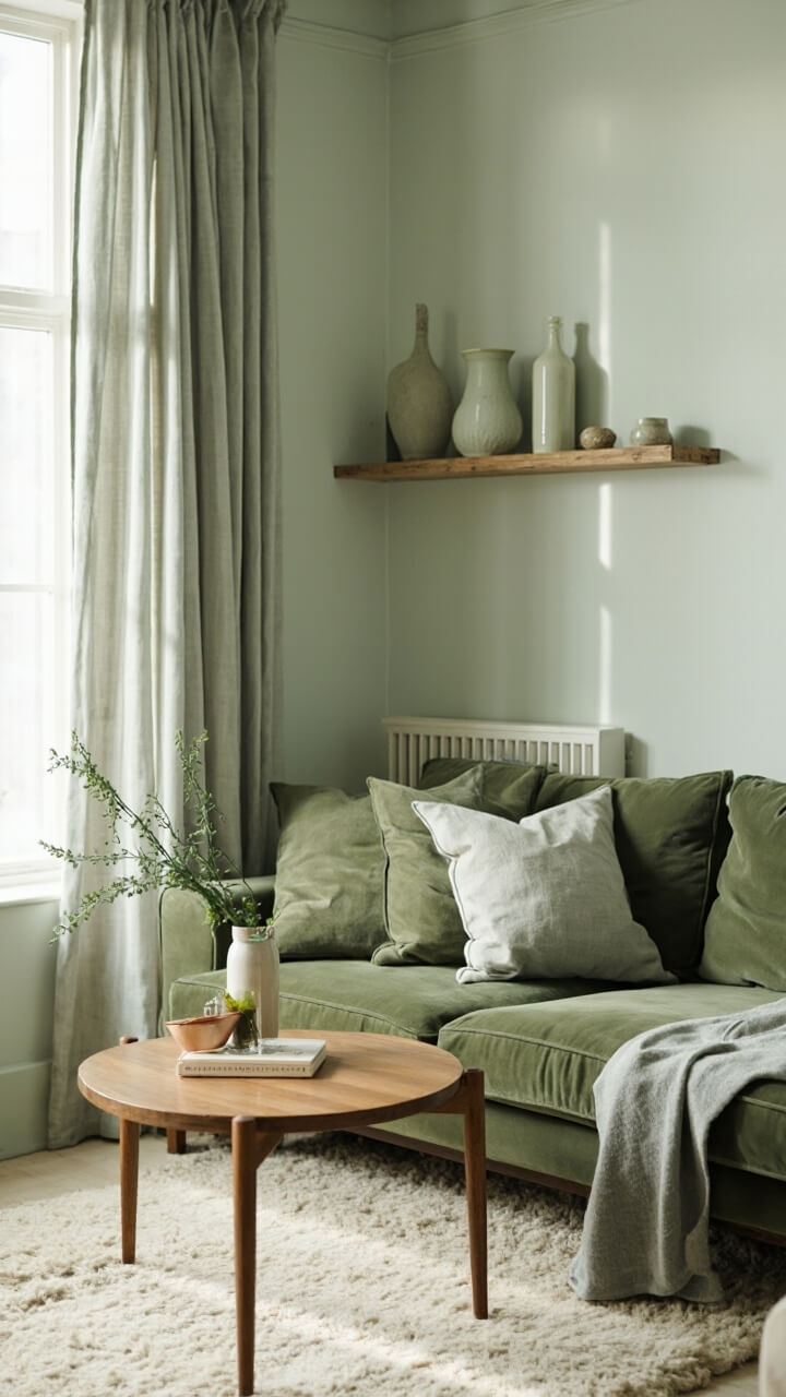 A living room washed in layers of soft sage: pale sage painted walls, moss green velvet sofa, light sage linen curtains, and a mid-century walnut coffee table. Pale green ceramic vases line the floating wall shelves, and a textured off-white rug grounds the palette.