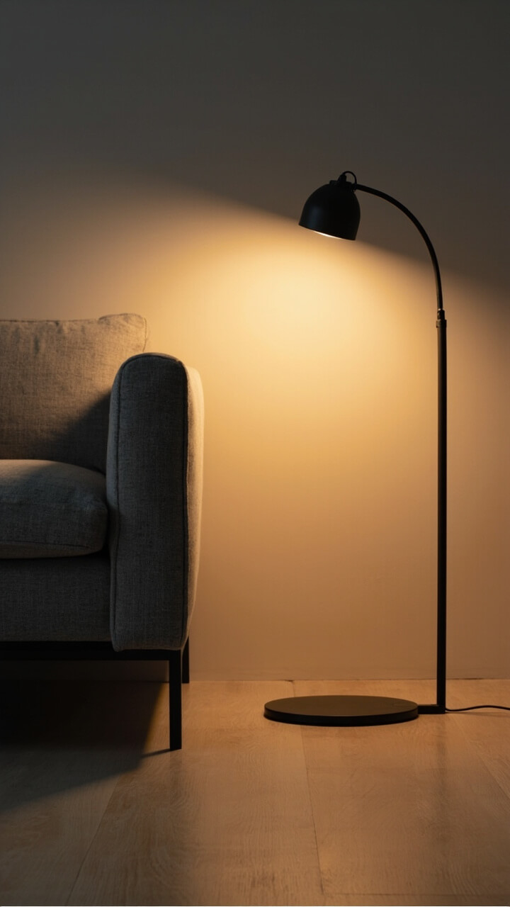 A matte black dome floor lamp arches over the arm of a grey linen low sofa, casting a focused pool of light over a pale wood floor.