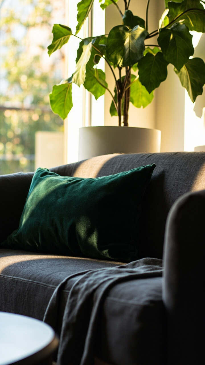 A black linen sofa with a tall fiddle leaf fig in a white ceramic pot next to it. There’s a low, oval black wood coffee table and a leaf-green velvet pillow on the couch.