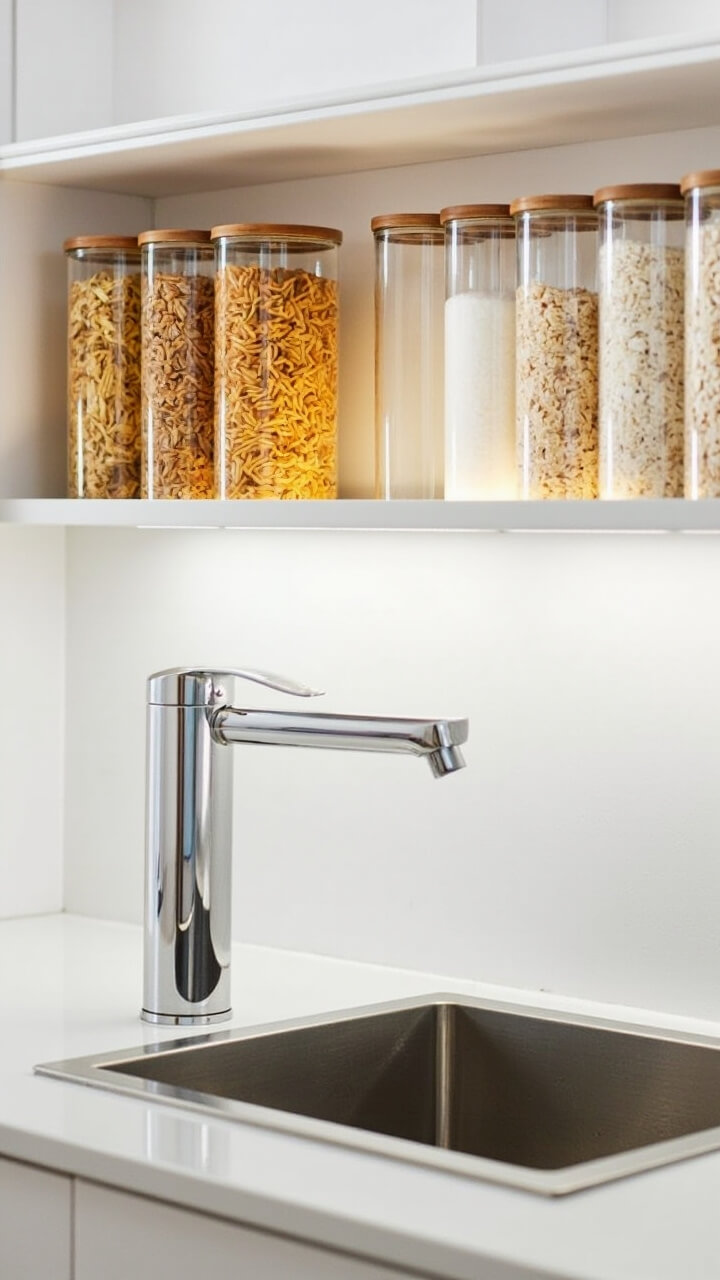 A neat row of tall cylindrical glass jars with bamboo lids, each filled with staples (pasta, rice, oats), lines a recessed shelf above the sink. The rest of the counter is tidy with a stainless steel undermount sink and minimalist chrome faucet.