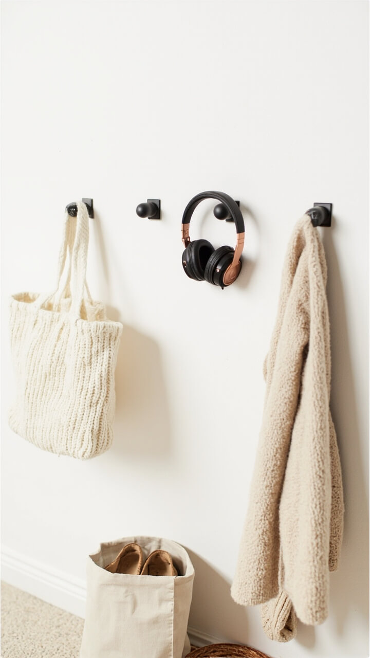 On a white dorm wall near the door, three clear removable hooks hold a cream knit tote bag, copper-wire over-ear headphones, and a beige long cardigan. The floor below has a neutral canvas shoe organizer neatly propped against the baseboard.