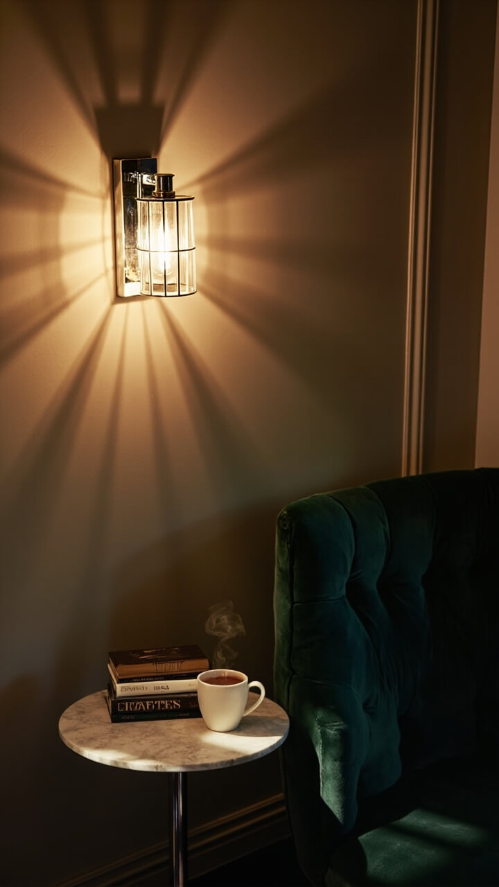 A mirrored, art deco-style wall sconce hangs above a tiny round marble-top side table in a reading corner. On the table: a stack of softcover books and a frosted glass mug of tea. The corner includes a forest green velvet accent chair.