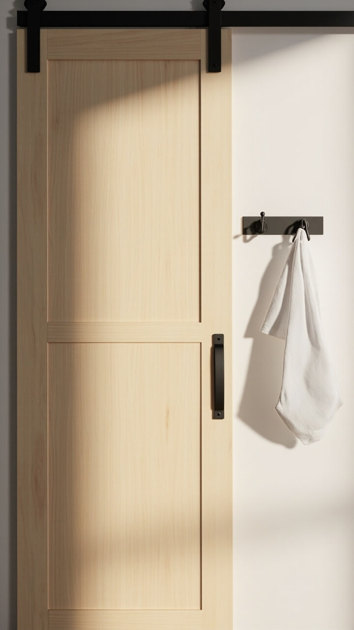 A single paneled light pine sliding barn door with matte black hardware, positioned partially open and revealing a peek of the laundry area. Next to the door, a simple steel wall hook holds a folded white laundry bag.