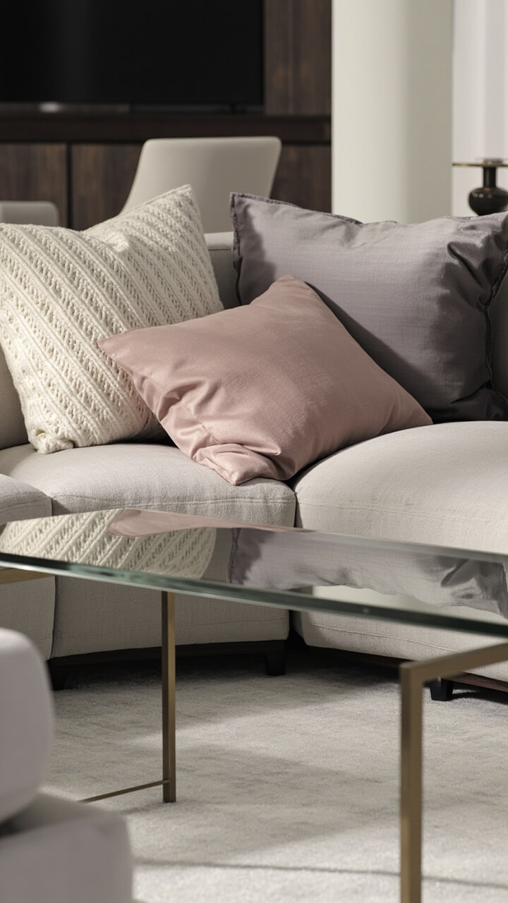 A curved stone-gray sectional wears tossed pillows: one ivory knotted wool, one blush pink silk, and one soft gray velvet. A rectangular glass coffee table sits in front, while a pale gray rug unifies the seating.