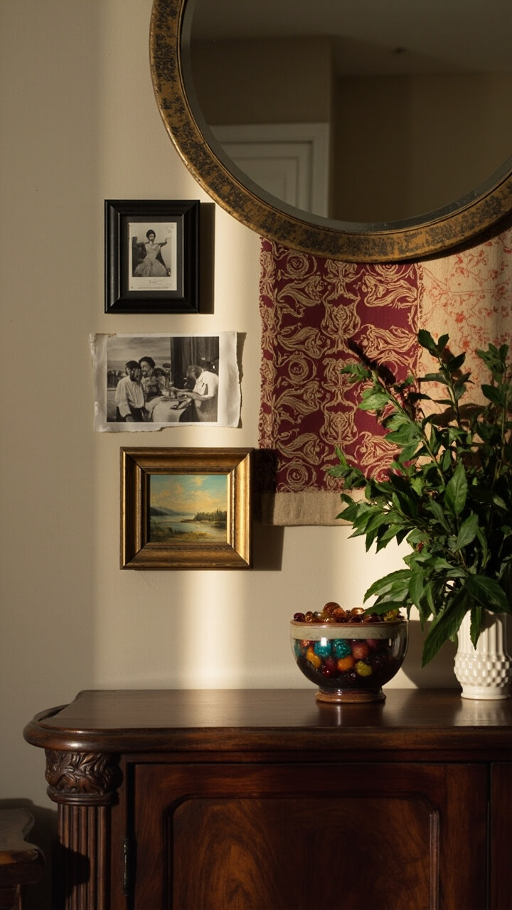A bedroom wall above a low dresser features an artful arrangement: a small vintage oil painting, two black-and-white travel photos, a framed textile swatch, and a round mirror. The dresser top holds a ceramic bowl of beads and a leafy vase.