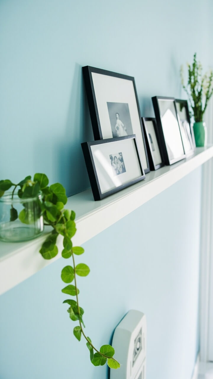 A long white ledge shelf runs along a powder blue accent wall. Three family photos (black frames) lean against the wall, smaller prints overlap in front. A small trailing ivy in a glass jar sits at one end.