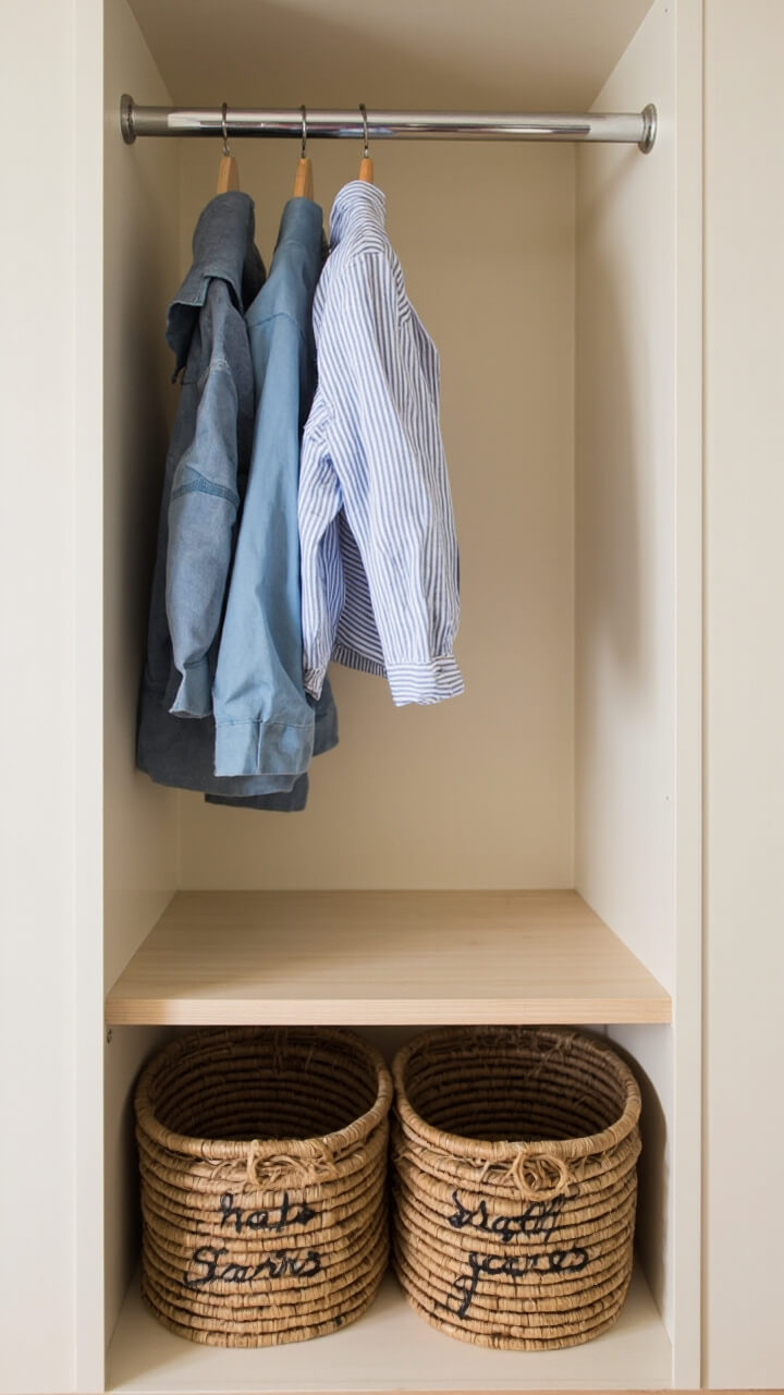 A small built-in in pale birch, with a top chrome rail holding blue and striped children’s jackets. Below, three chunky woven rattan baskets rest on a wood shelf, each labeled for hats, scarves, and shoes.