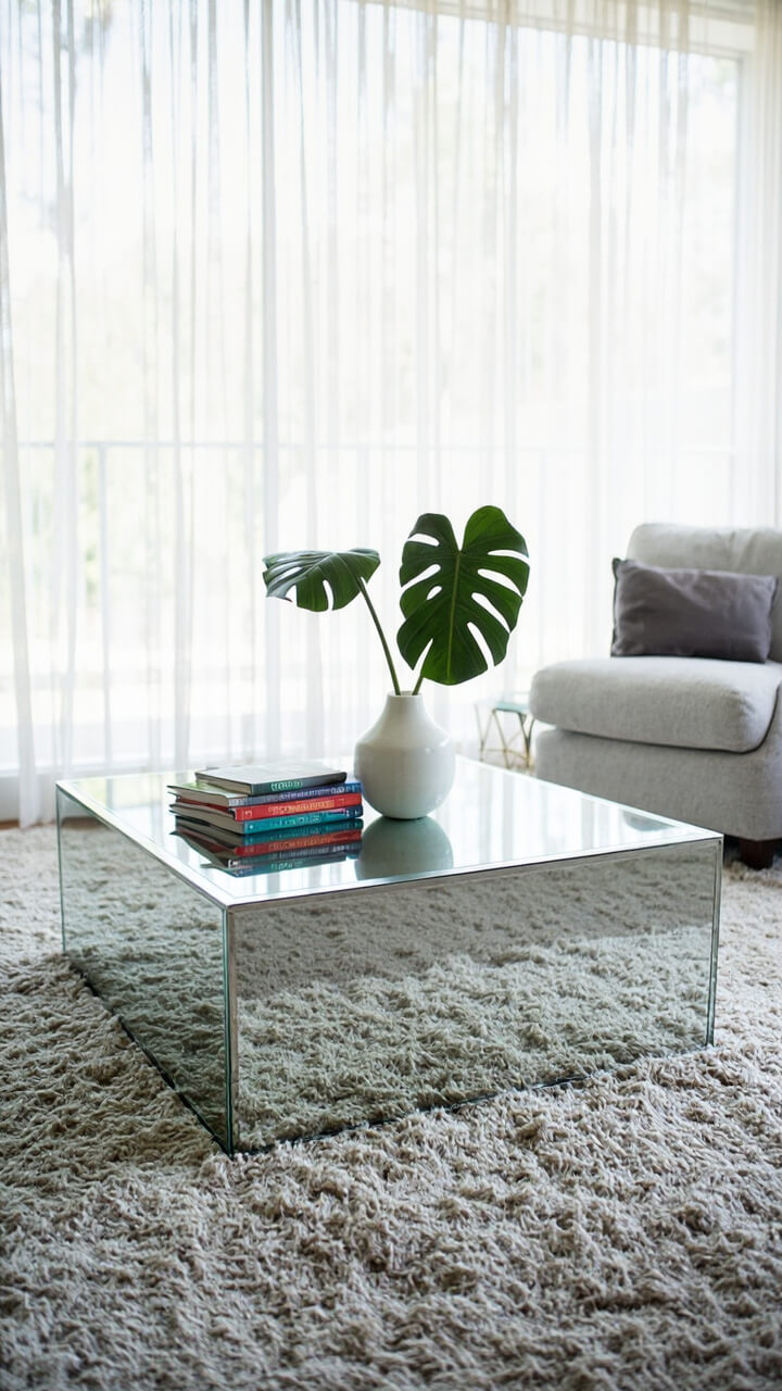 A rectangular mirrored coffee table sits on a stone-gray area rug. On top: a stack of books with a small white ceramic vase and a single monstera leaf. The room includes a dove-gray sofa and a window with white gauze curtains.