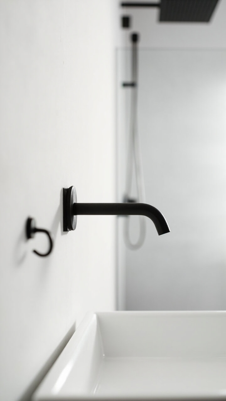 A white rectangular sink features a slim matte black faucet and matching towel hook nearby. The shower in the background has a spartan matte black rainfall head. Other hardware is completely absent from the scene.