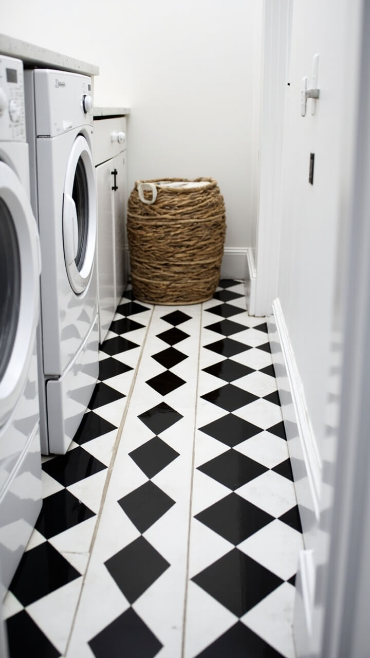 A small space with bold black-and-white geometric pattern tiles on the floor, gleaming white appliances, and simple crisp baseboards. The floor is clear except for a chunky natural fiber laundry basket tucked neatly in one corner.