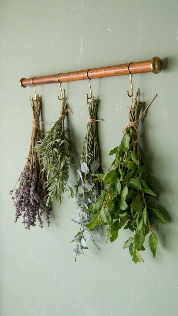 A slim wooden bar with brass hooks is mounted on a faded sage wall. Four bundles of tied herbs (lavender, rosemary, eucalyptus, and mint) dangle in a row. No other wall hangings, so the herbs are the hero.