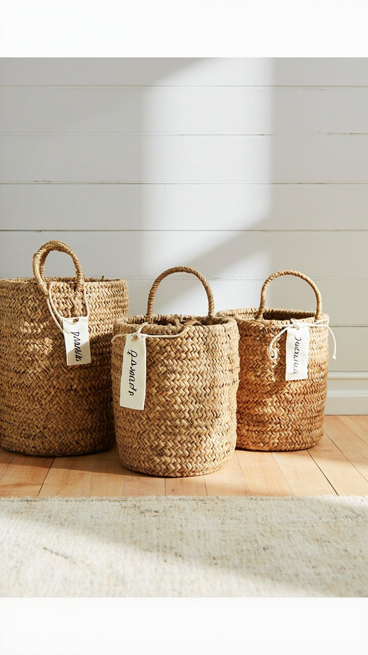 Three chunky seagrass baskets with simple fabric name tags sit side by side on the floor in front of a neutral area rug. Each basket’s label is handwritten in black marker on ivory canvas. The background is soft gray painted shiplap siding.