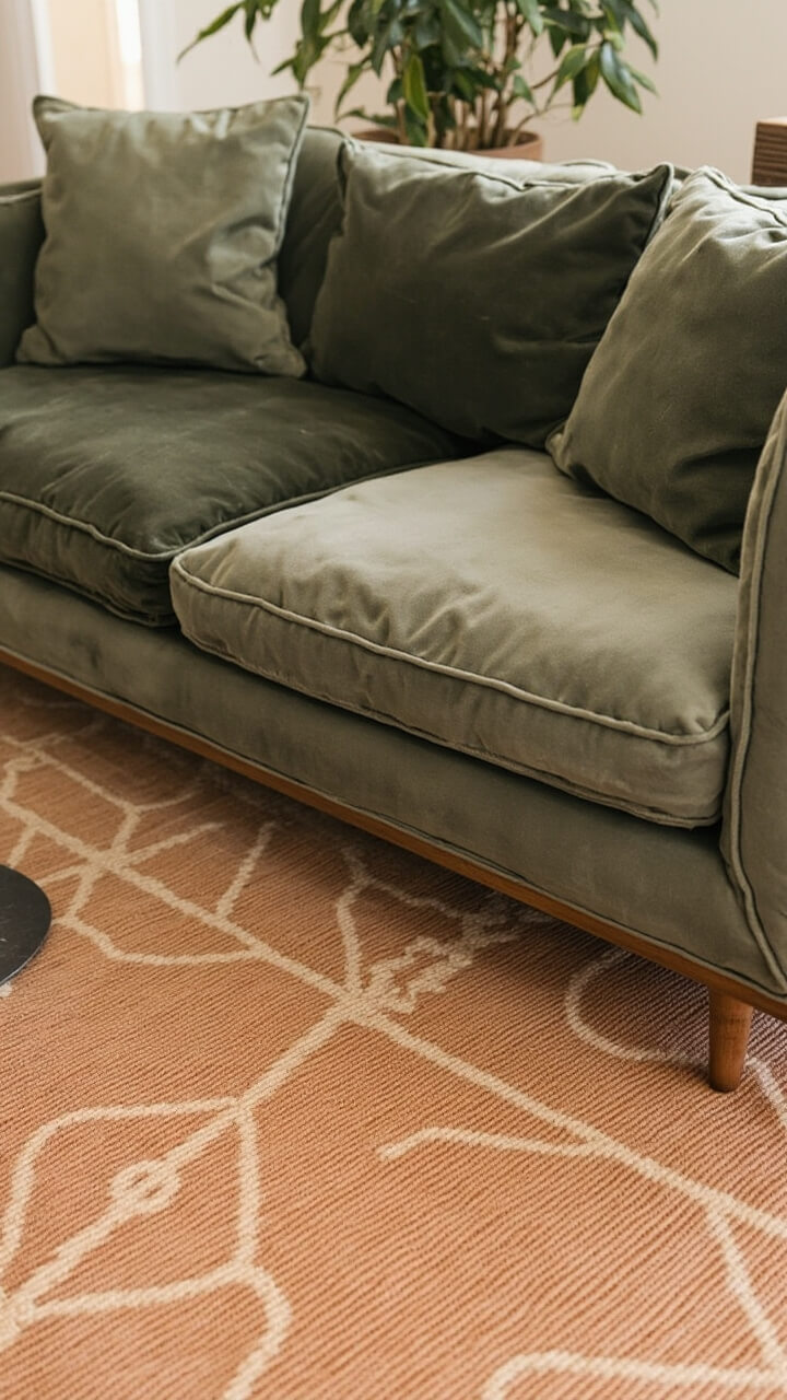 A muted terracotta and cream geometric flatwoven rug hangs on the wall behind a neutral linen sofa. The rug nearly fills the space between the sofa and ceiling. Two sage green velvet cushions sit on the couch.