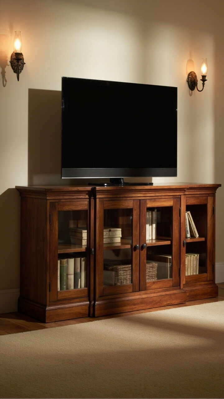 Medium cherry wood TV credenza with two center glass doors (showing tidy rows of books and a woven box). Two bronze wall sconces flank the TV, casting a gentle glow. Top surface is clear.