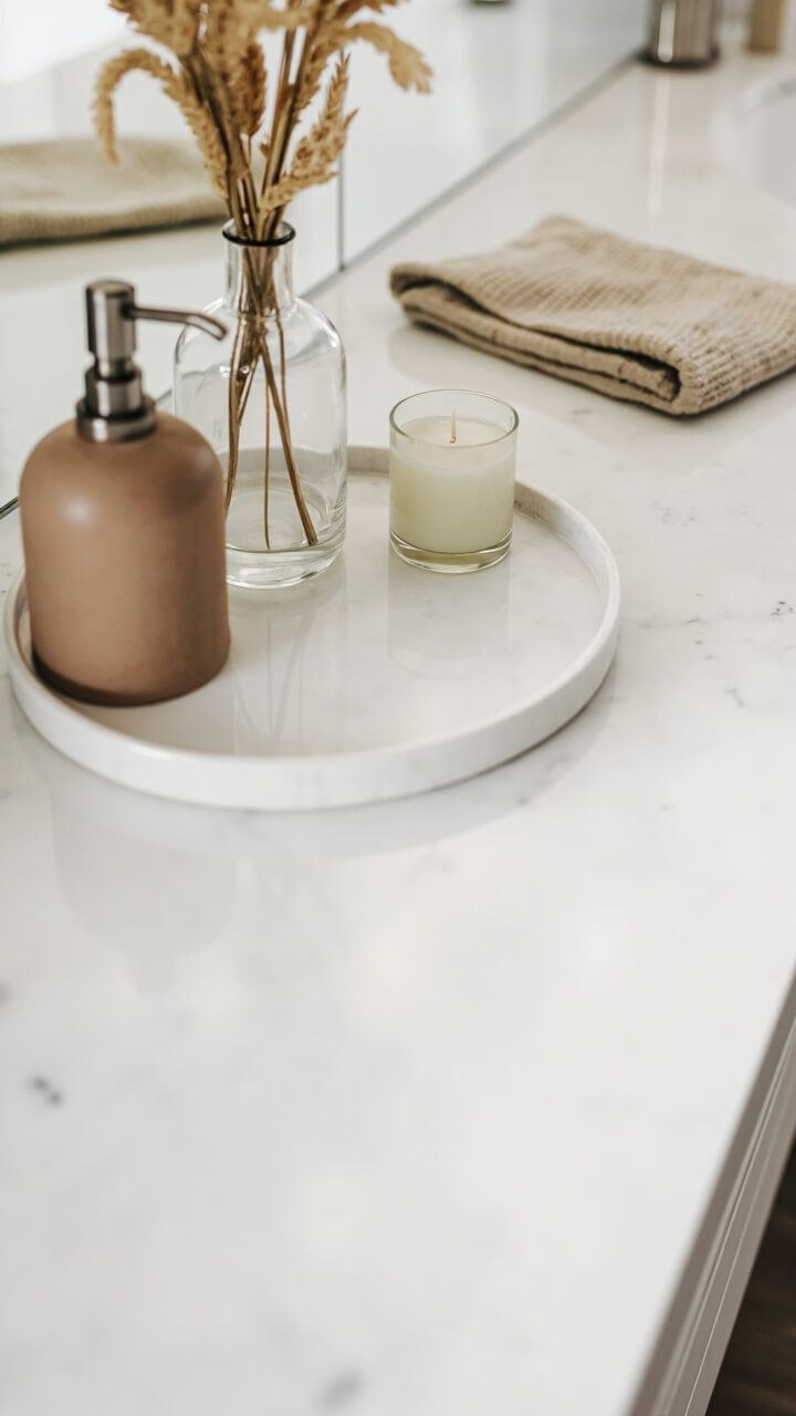 On a white quartz vanity sits a round white marble tray. A warm taupe ceramic soap dispenser rests to the left. A clear glass bud vase holds dried wheat stems in soft beige. A small alabaster glass candle sits in front. A folded oatmeal waffle knit hand towel tucks along the back edge.