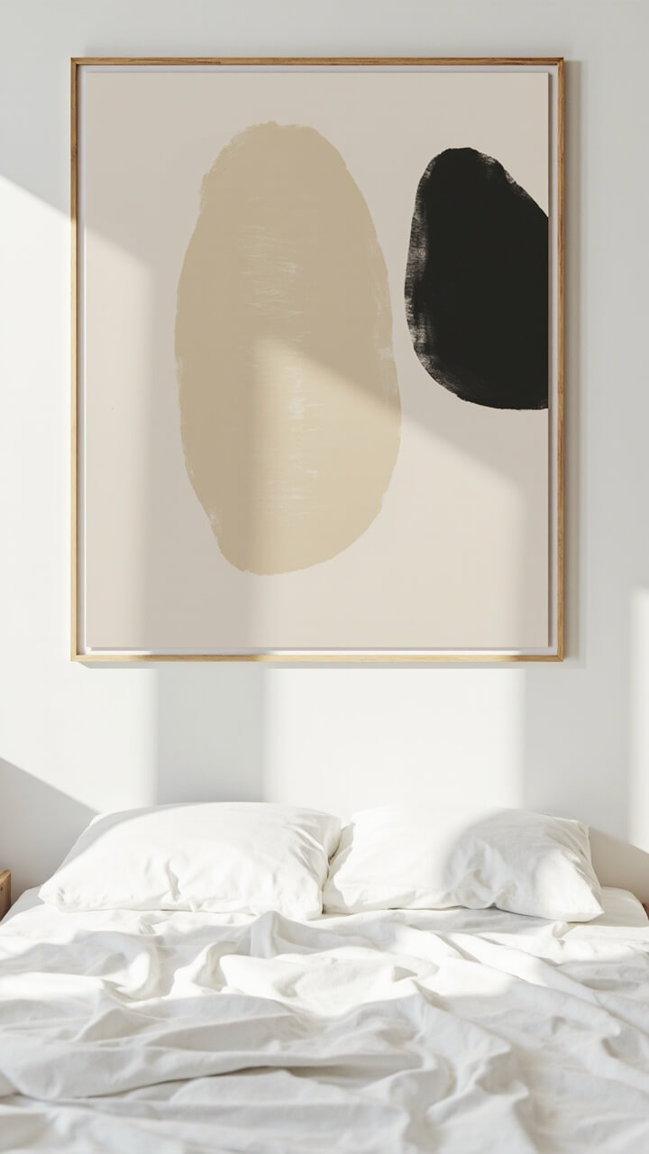 A single, oversized abstract art print in muted beige and black hangs centered above a bed. The frame is thin and natural wood. There is nothing else on the wall.