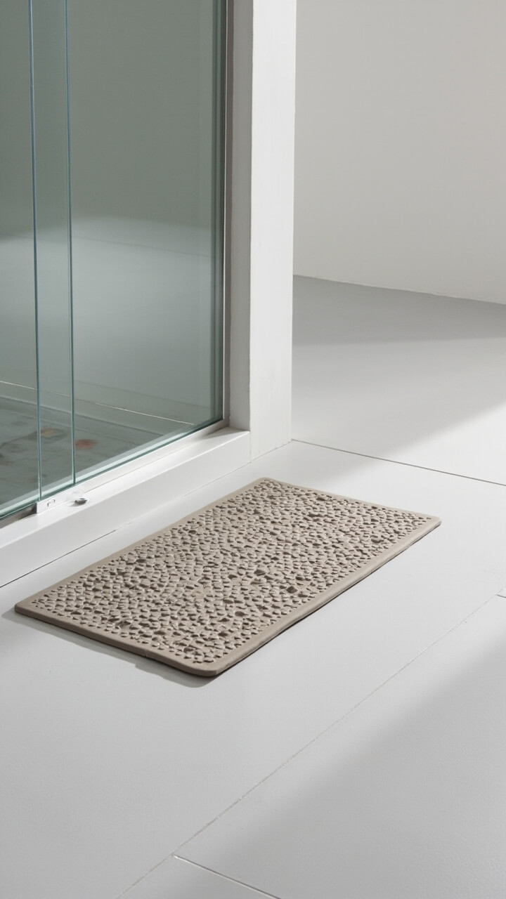 On pale gray tile flooring, a single taupe pebble-textured rubber bath mat sits just outside a frameless shower. No other floor coverings are visible.