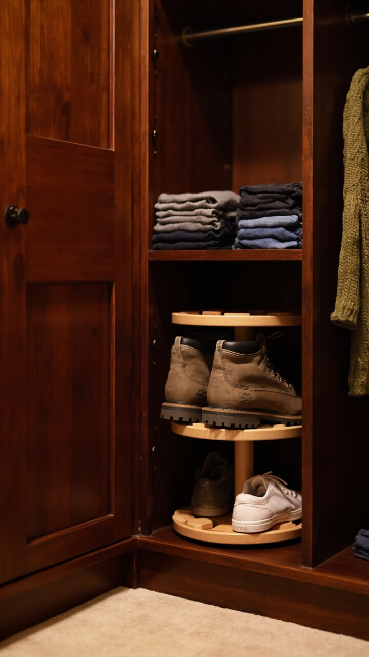 An L-shaped built-in wardrobe with a round, multi-tiered wood carousel unit tucked into the corner. On the bottom shelf: chunky hiking boots and white canvas shoes. The top tier displays a folded olive green sweater and a stack of jeans.